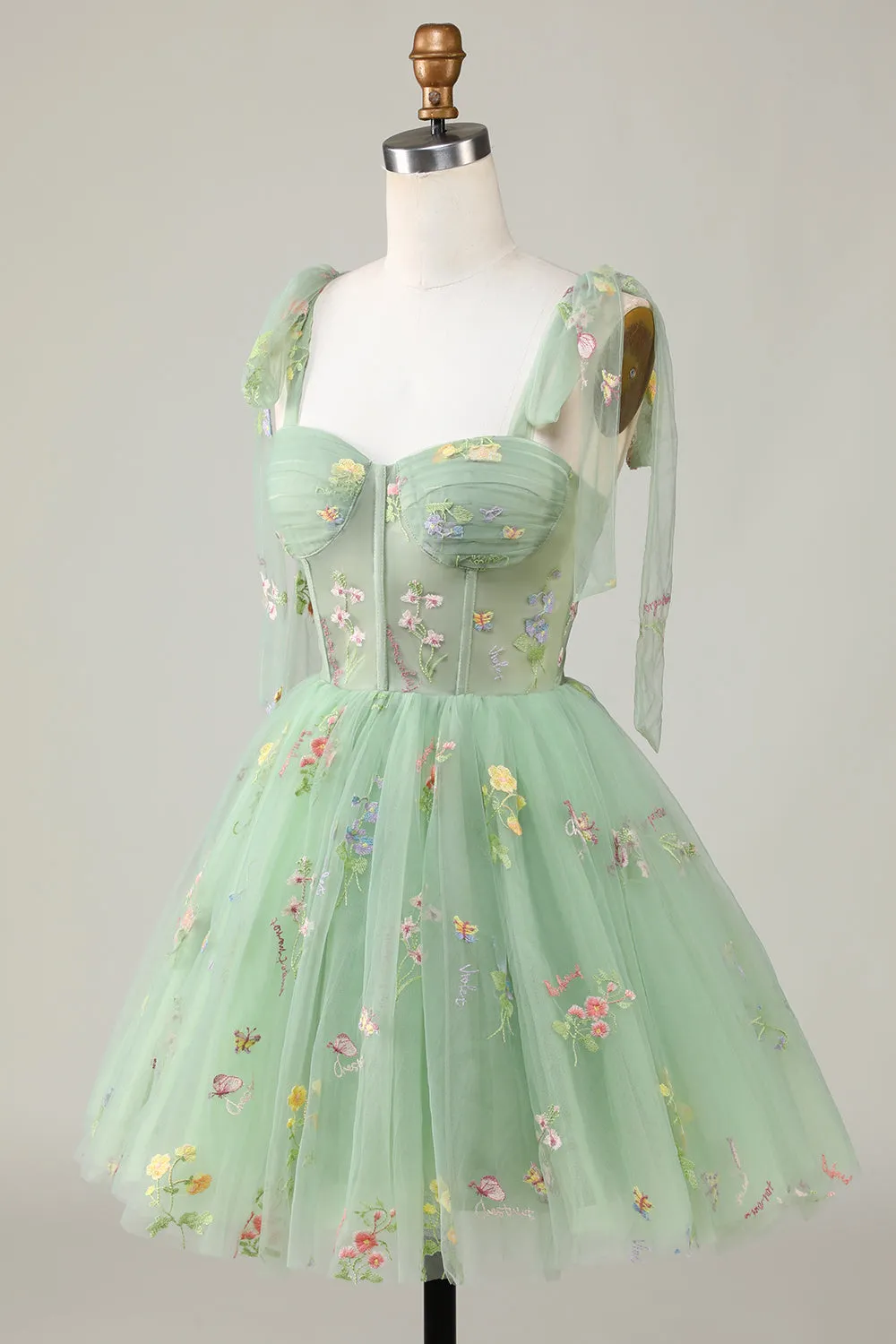 Green A-Line Spaghetti Strap Homecoming Dress with Embroidery