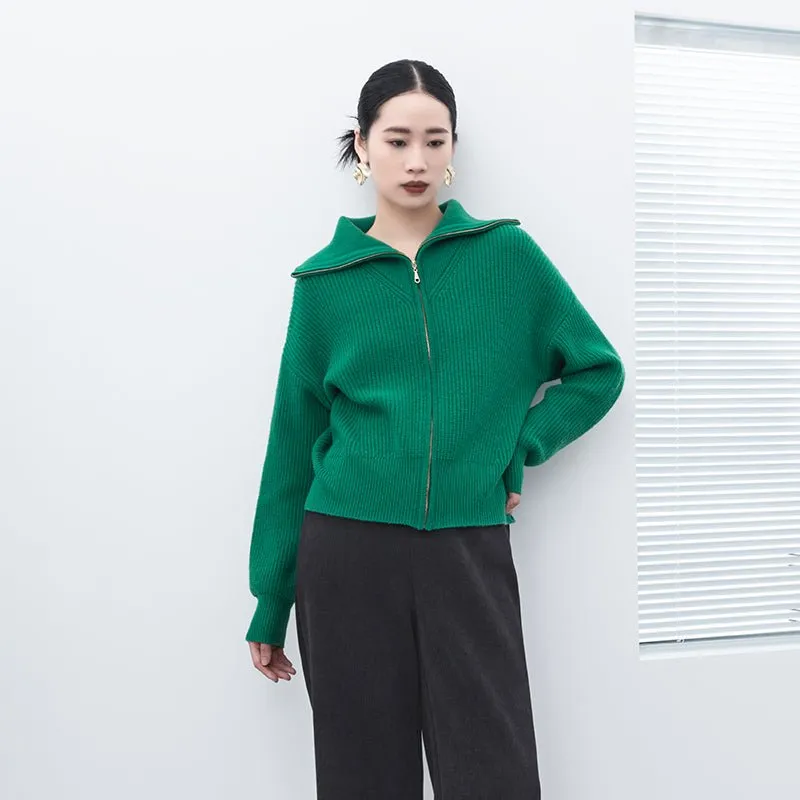 Green Knitted Wool Cardigan with Zipper