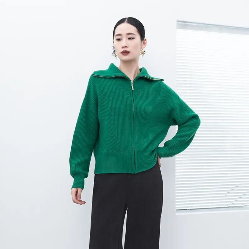 Green Knitted Wool Cardigan with Zipper