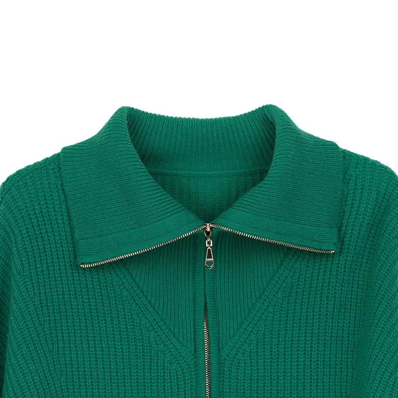 Green Knitted Wool Cardigan with Zipper