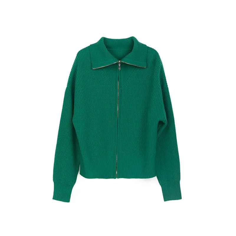 Green Knitted Wool Cardigan with Zipper