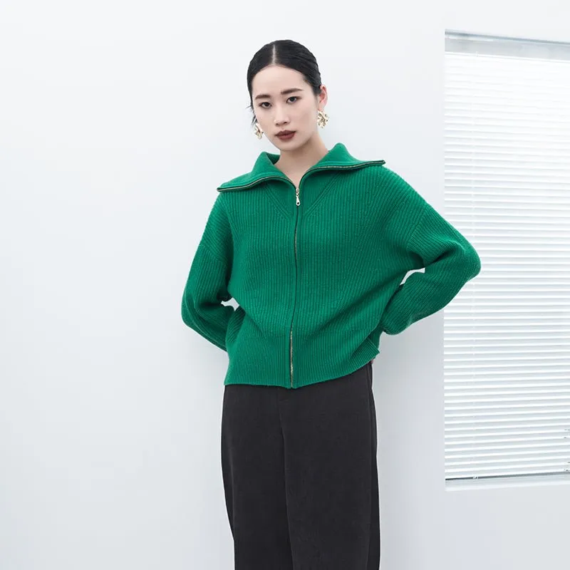 Green Knitted Wool Cardigan with Zipper