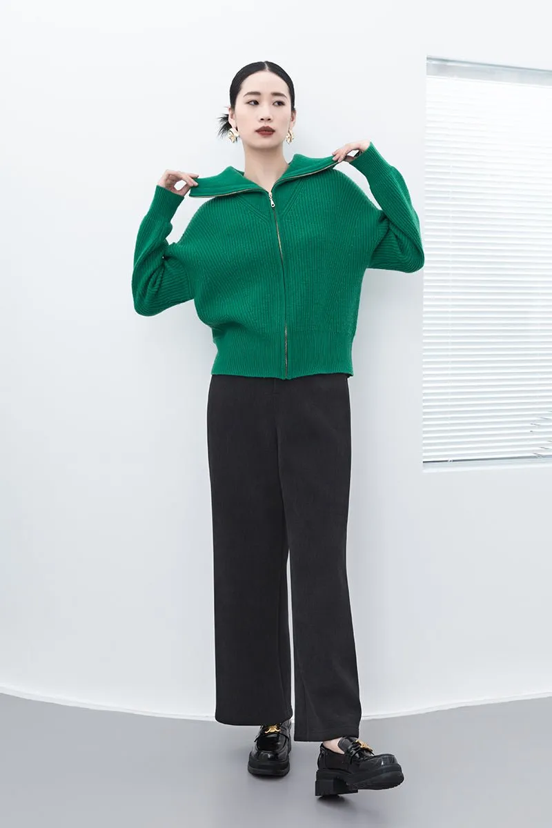 Green Knitted Wool Cardigan with Zipper