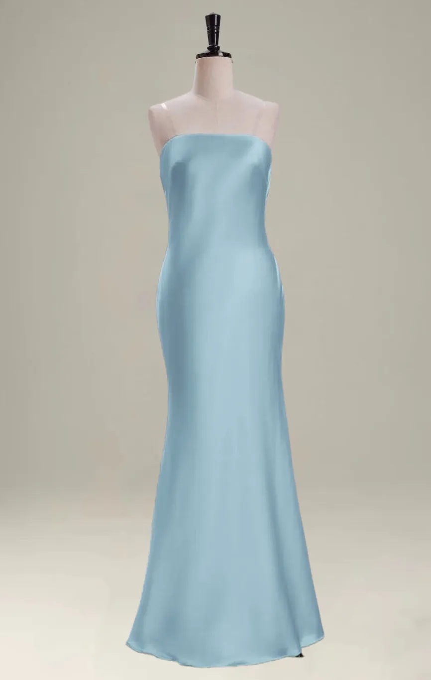 Grey Blue Mermaid Strapless Floor Length Satin Bridesmaid Dress