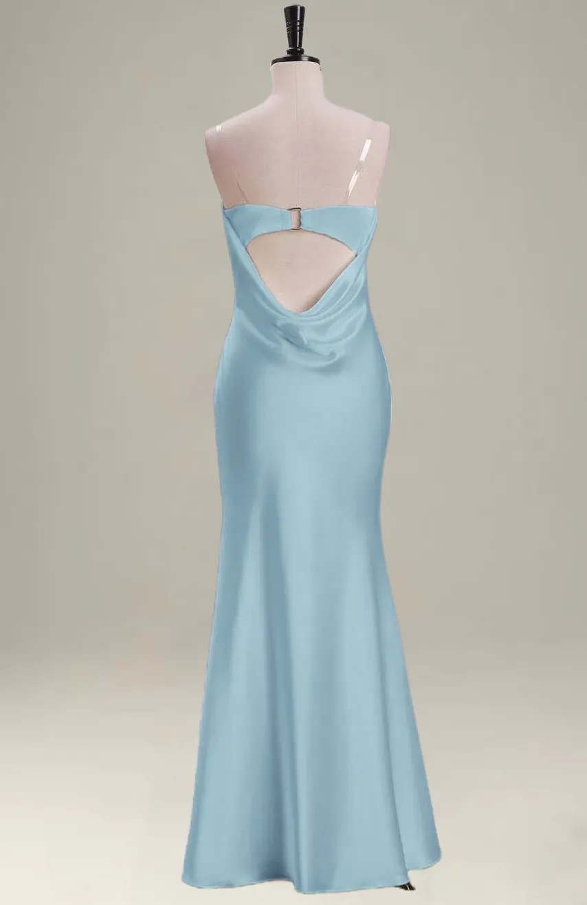 Grey Blue Mermaid Strapless Floor Length Satin Bridesmaid Dress