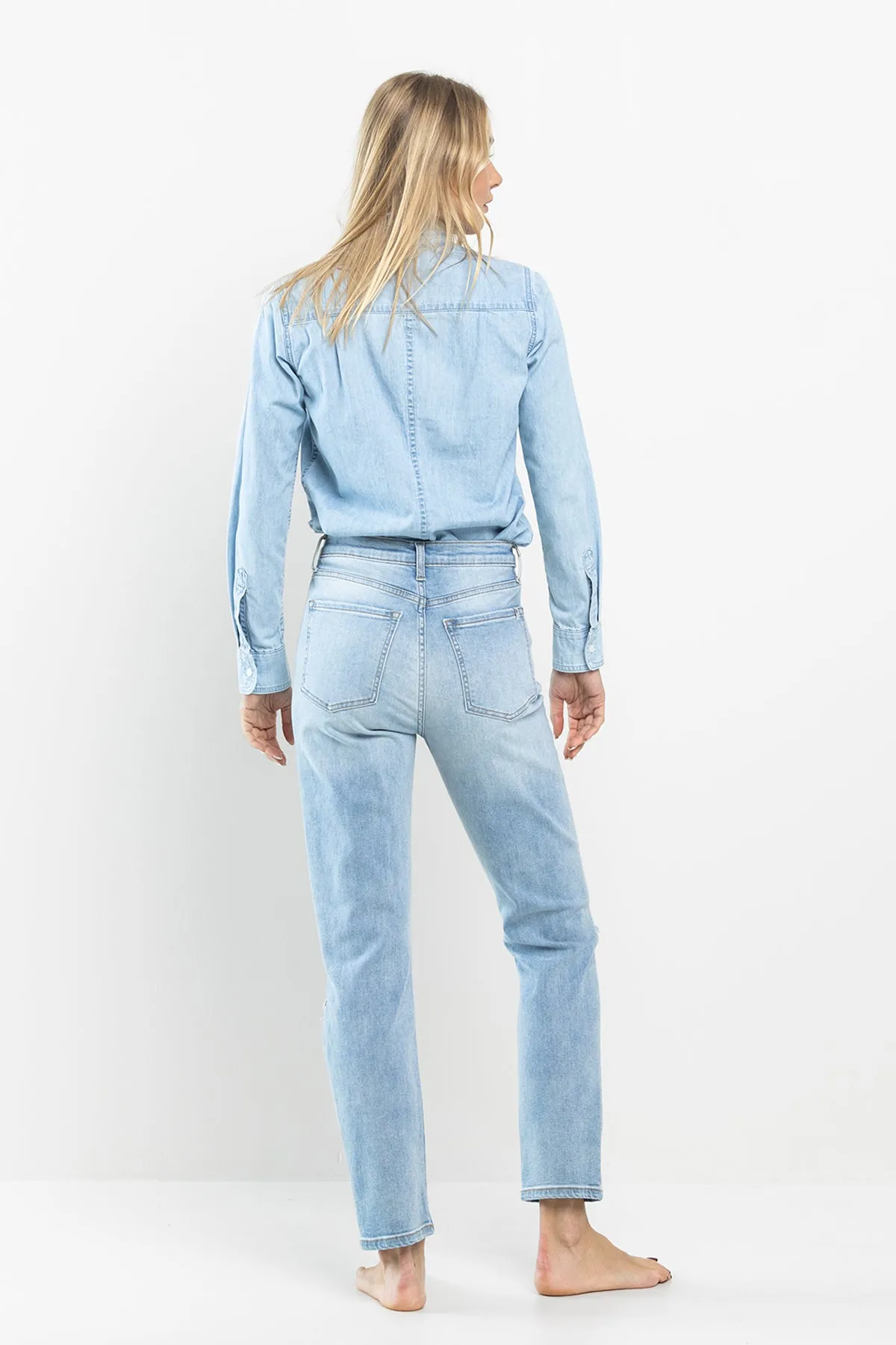 HIGH RISE 90'S ANKLE SKINNY JEANS  WITH FRAYED KNEE DISTRESSING / SP-P11516