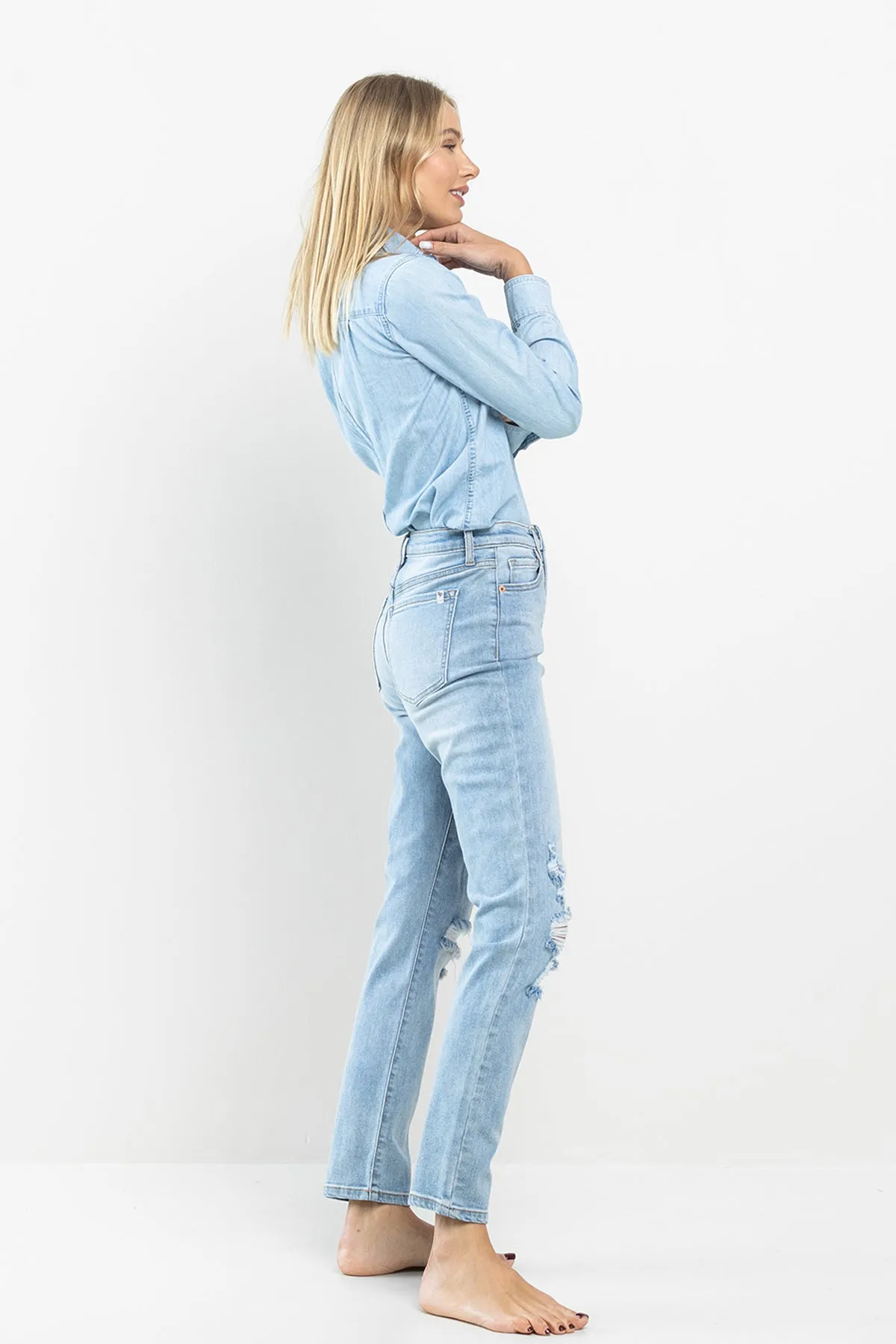 HIGH RISE 90'S ANKLE SKINNY JEANS  WITH FRAYED KNEE DISTRESSING / SP-P11516