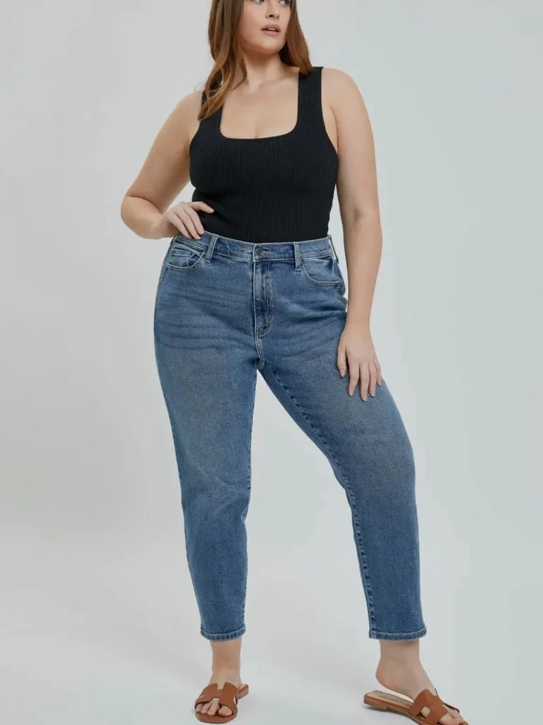 High Rise Mom Jean with Front Pocket Shape - Medium Denim