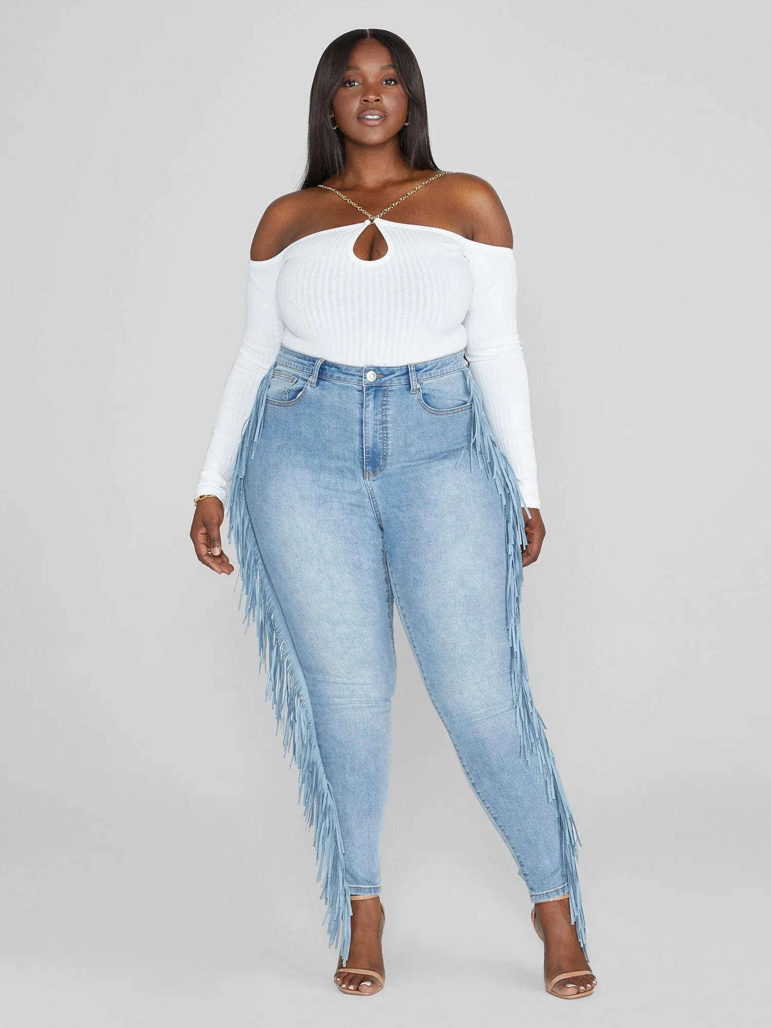 High Rise Side Fringe Skinny Jeans