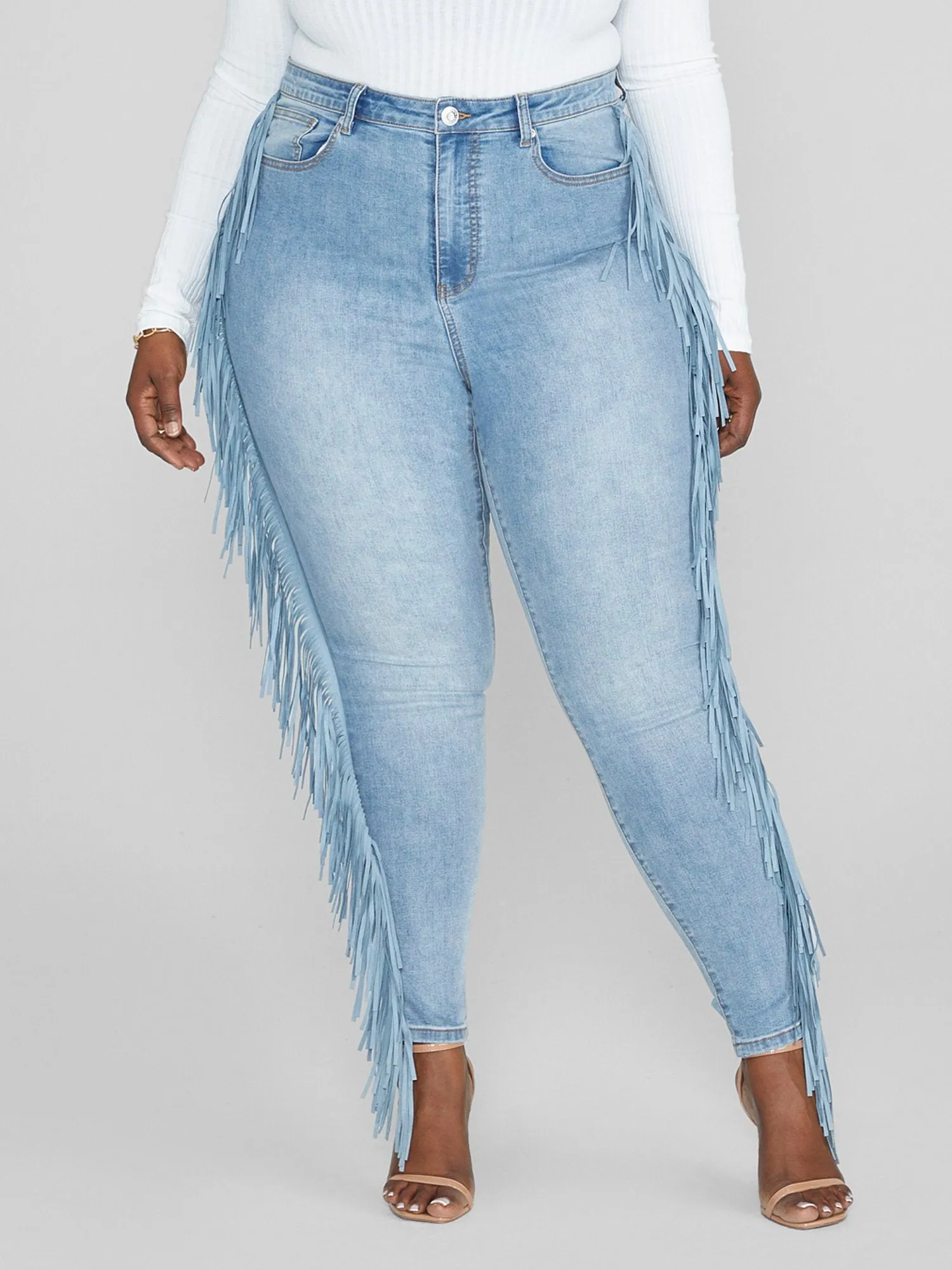 High Rise Side Fringe Skinny Jeans