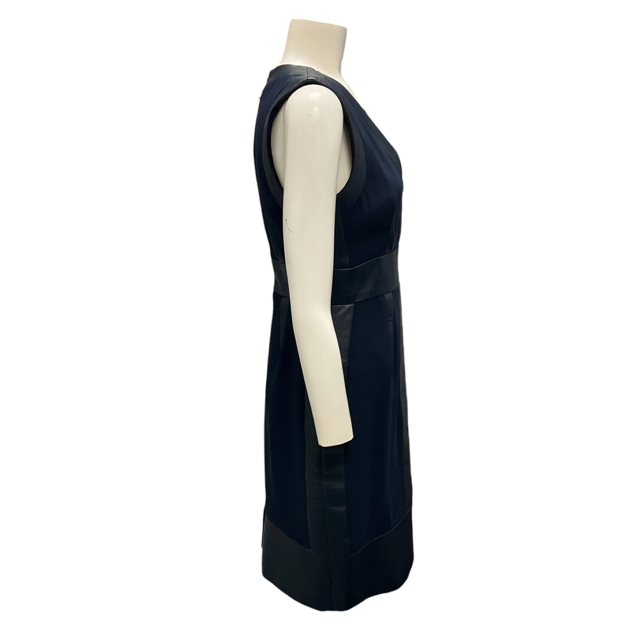 J. Mendel Navy Blue Leather Trimmed Sleeveless V-Neck Sheath Dress