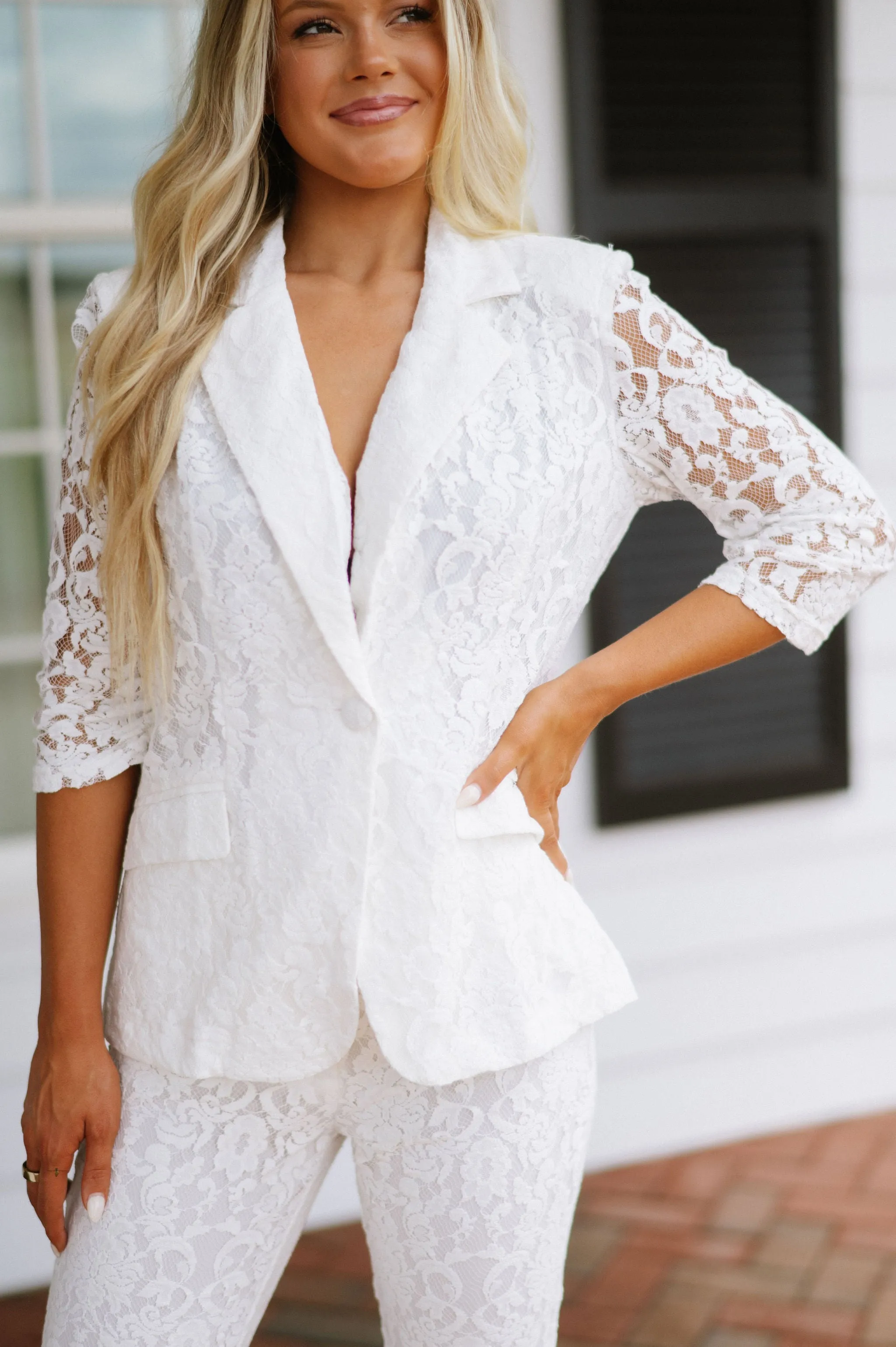 Lace Blazer Pants Set-Off White