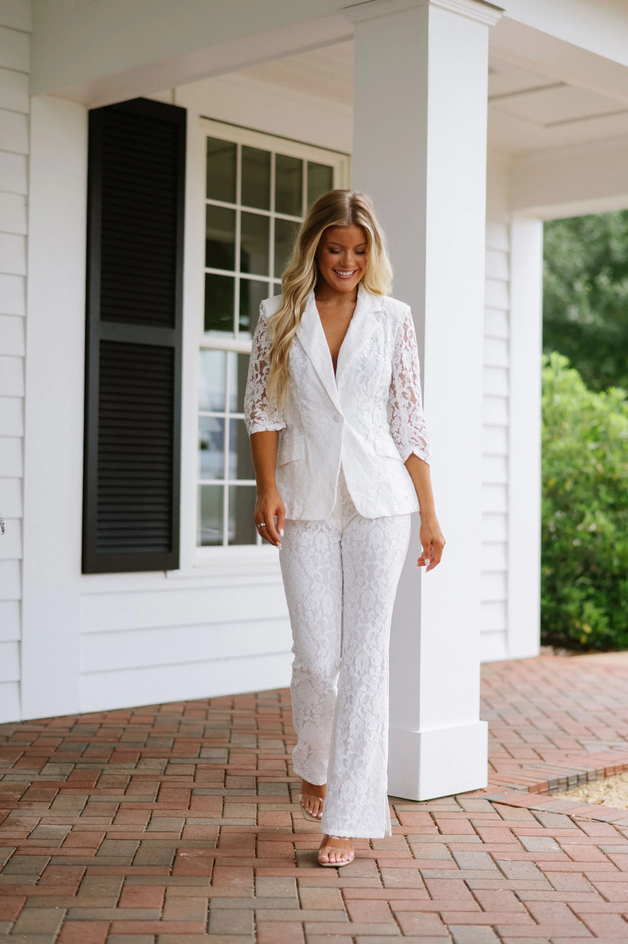 Lace Blazer Pants Set-Off White