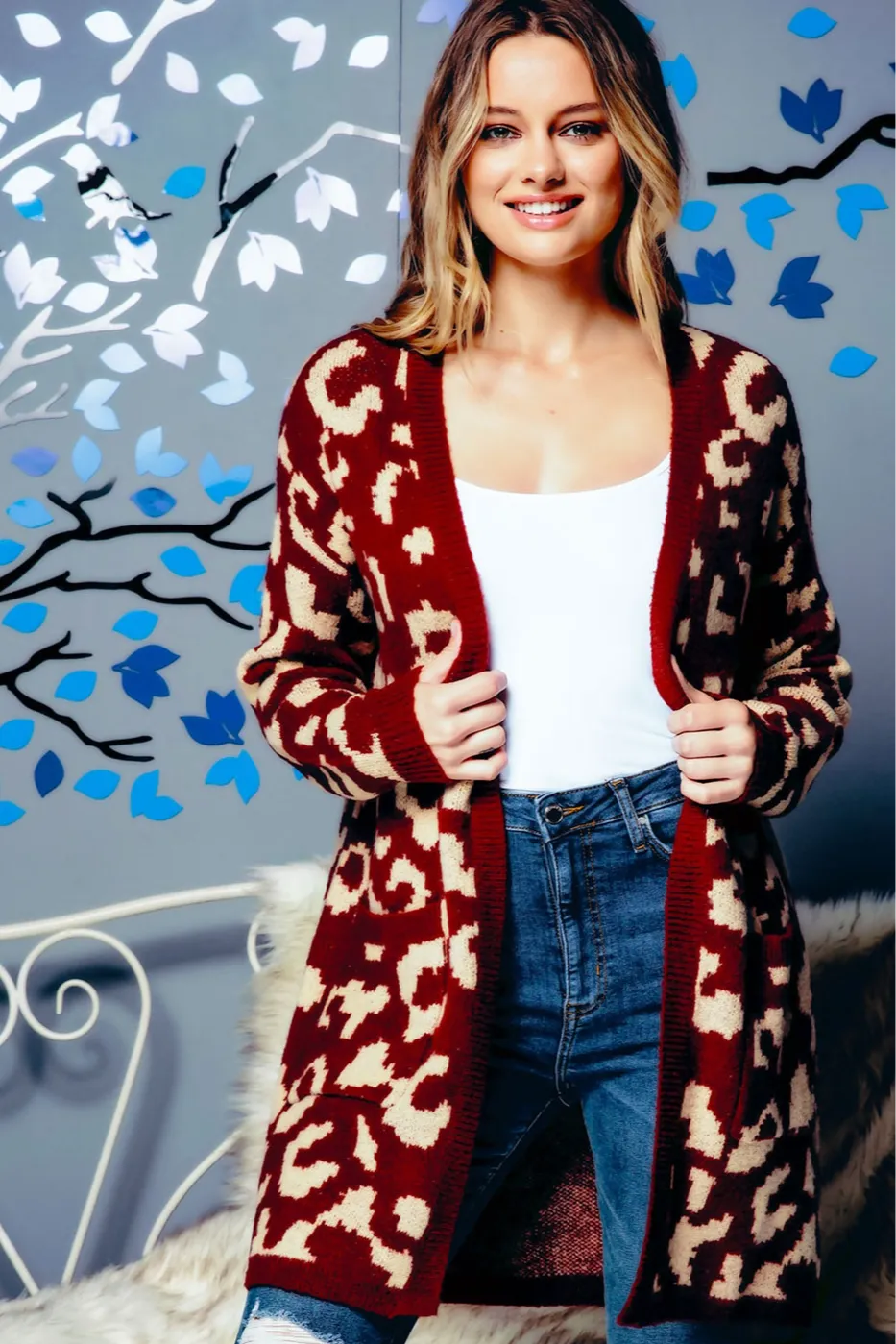 Leopard pattern long open cardigan