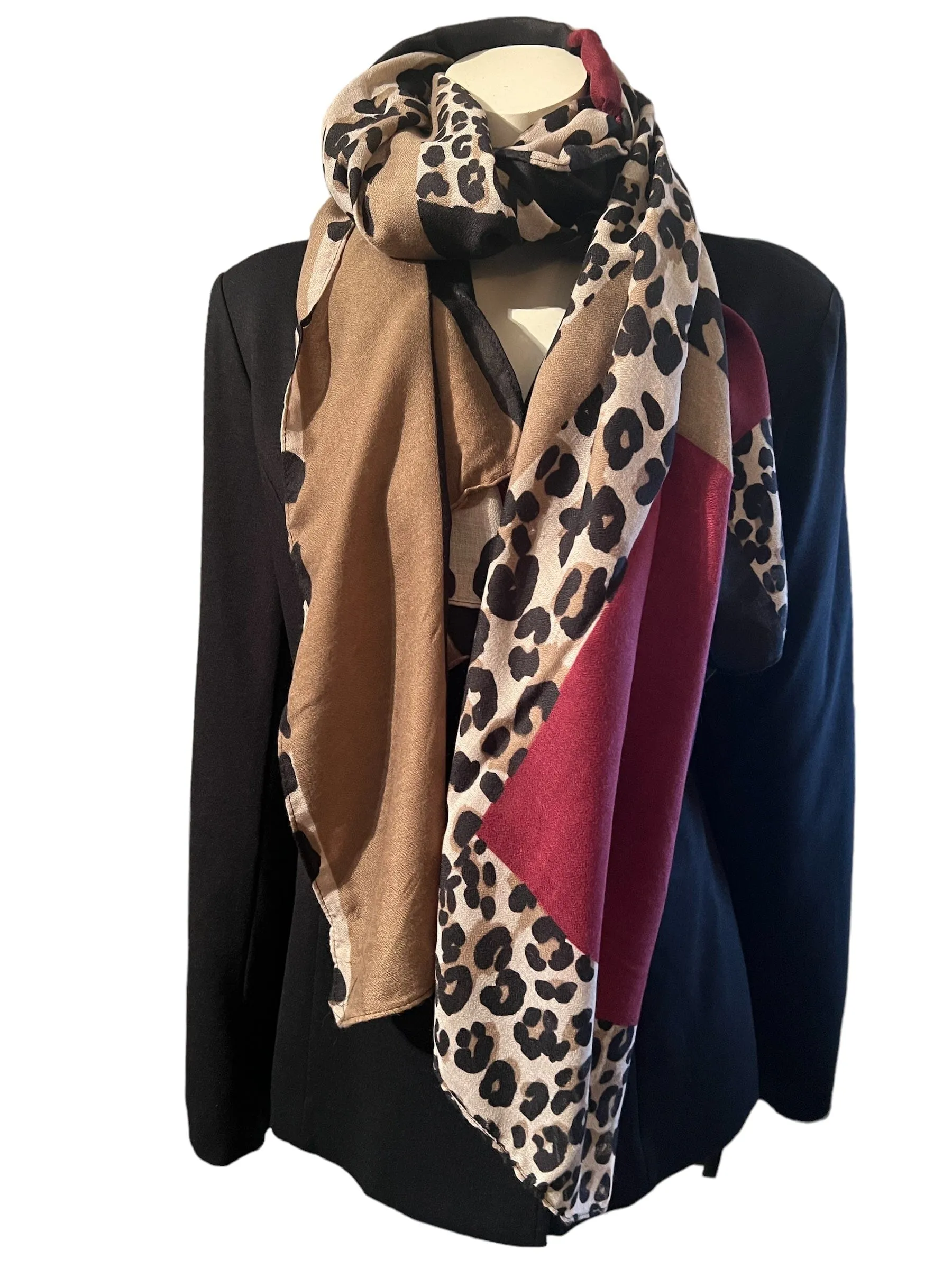 Leopard Print Scarf - Red Black Camel