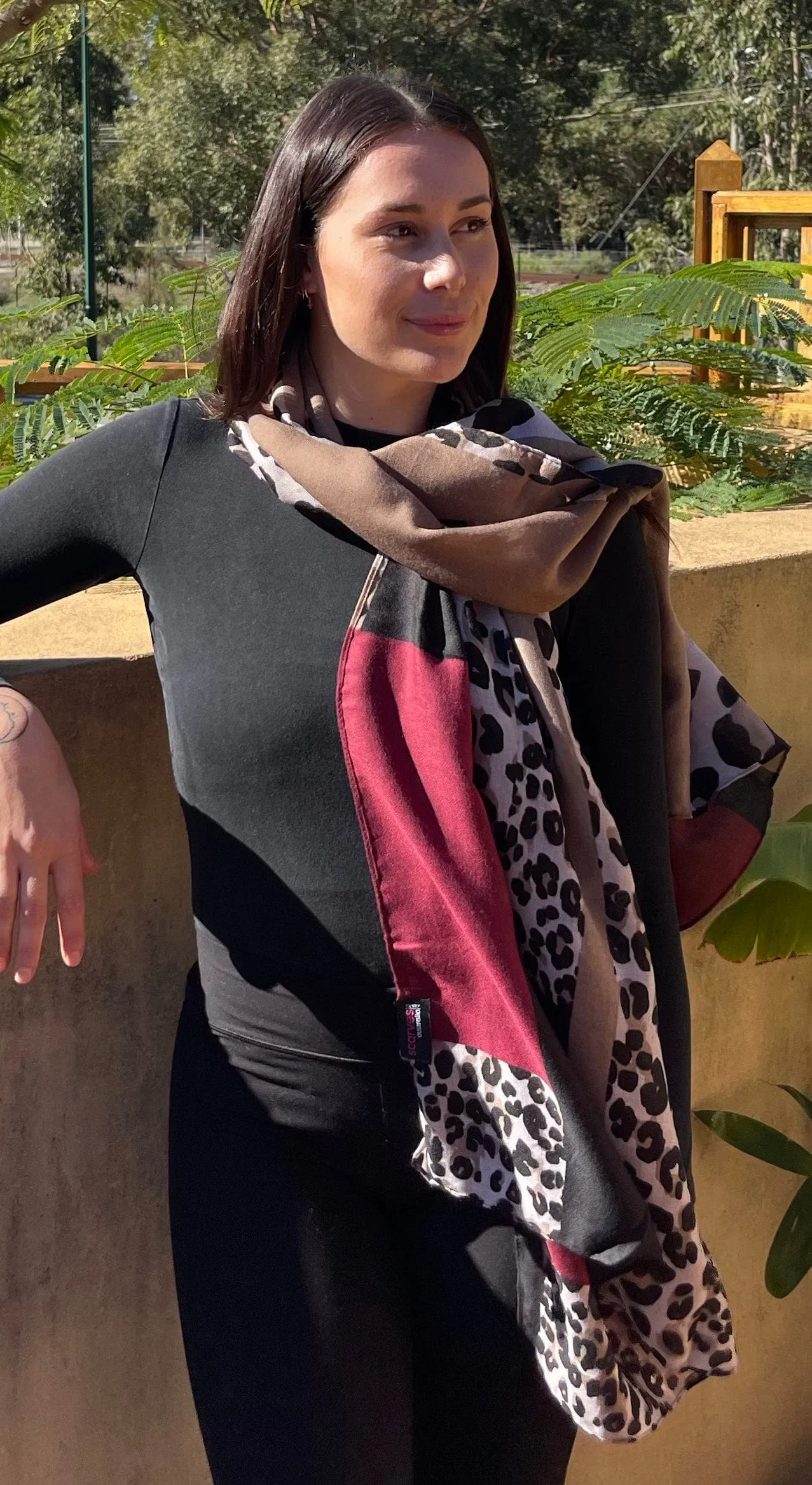 Leopard Print Scarf - Red Black Camel