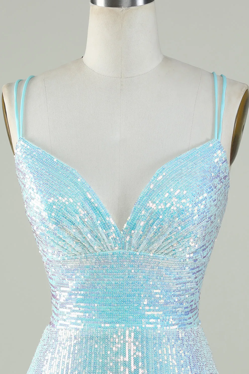 Light Blue Sparkly Sequin Sheath Spaghetti Strap Short Homecoming Dress with Criss Cross Back