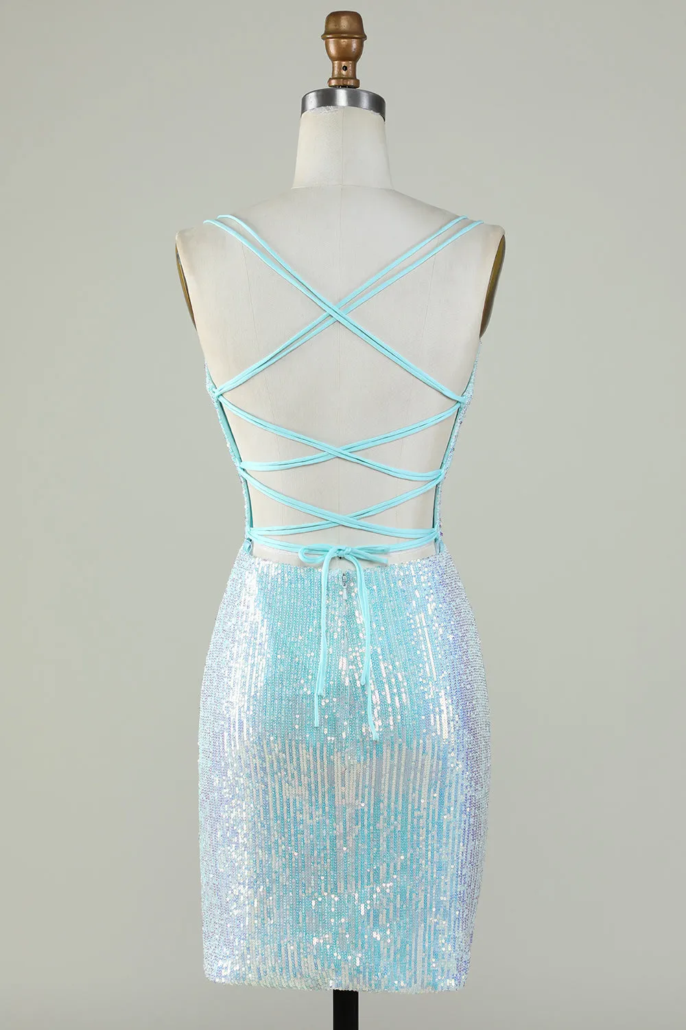 Light Blue Sparkly Sequin Sheath Spaghetti Strap Short Homecoming Dress with Criss Cross Back