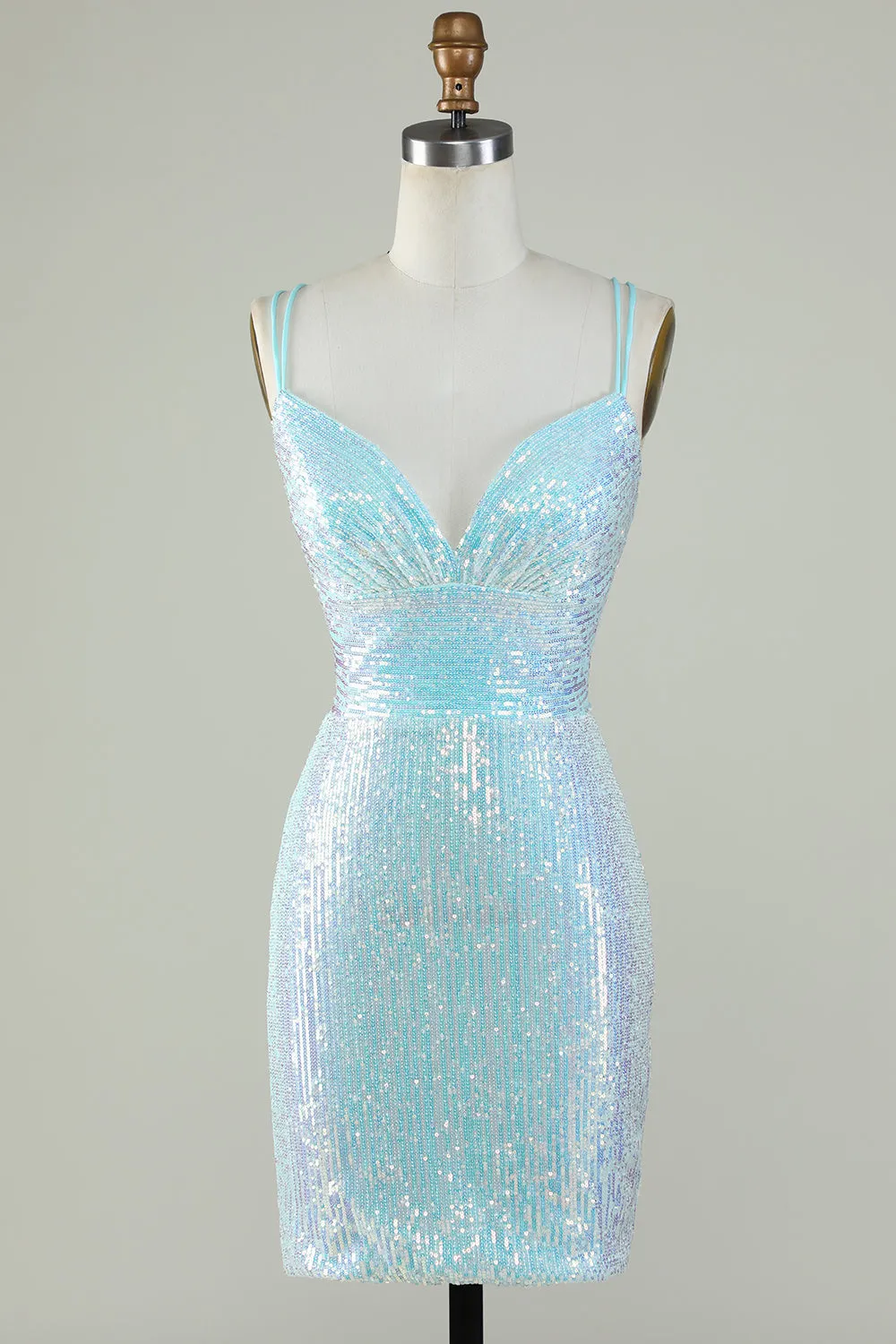 Light Blue Sparkly Sequin Sheath Spaghetti Strap Short Homecoming Dress with Criss Cross Back