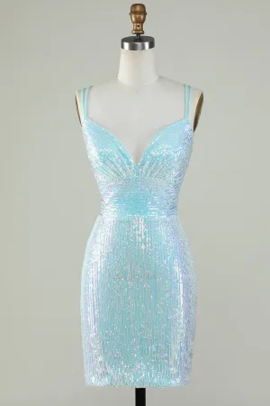 Light Blue Sparkly Sequin Sheath Spaghetti Strap Short Homecoming Dress with Criss Cross Back