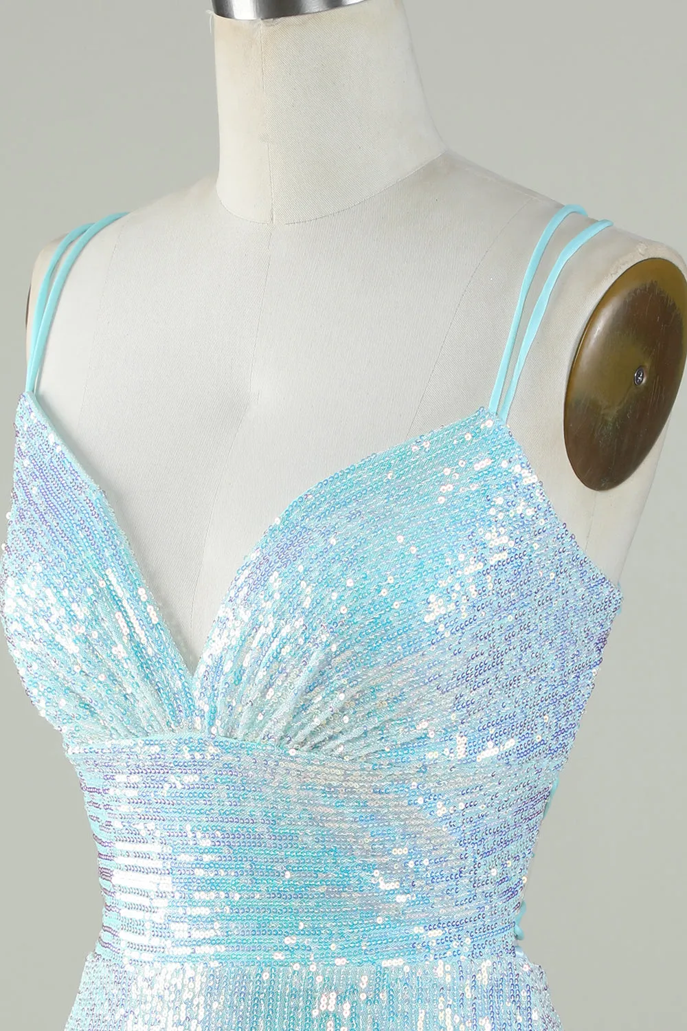 Light Blue Sparkly Sequin Sheath Spaghetti Strap Short Homecoming Dress with Criss Cross Back