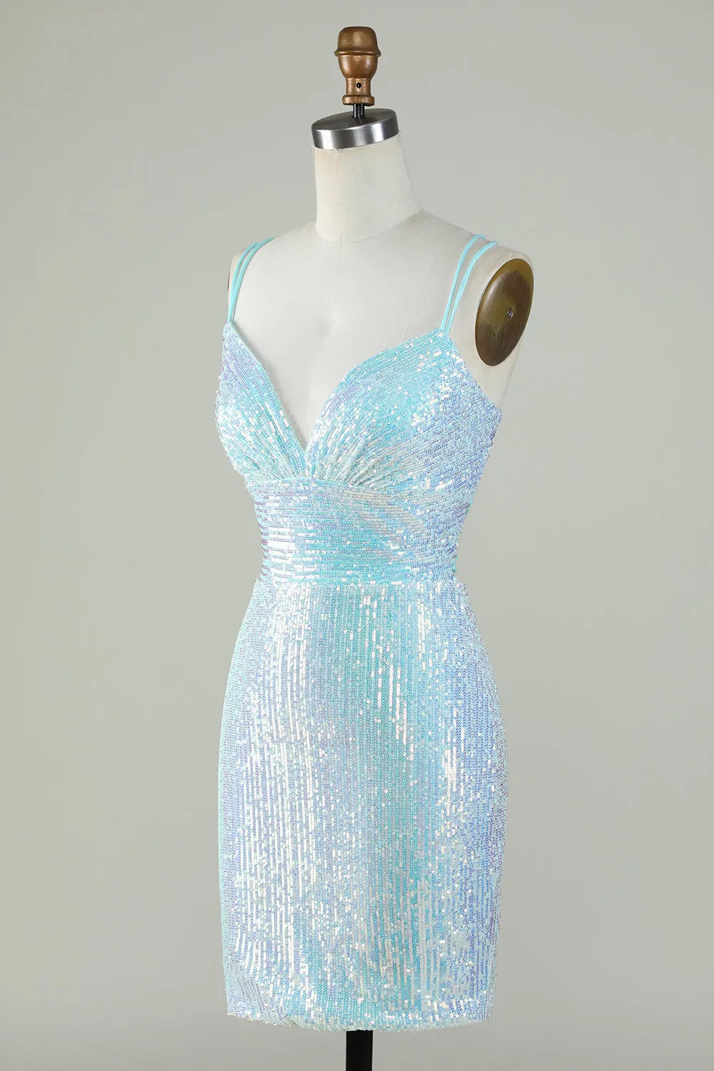 Light Blue Sparkly Sequin Sheath Spaghetti Strap Short Homecoming Dress with Criss Cross Back