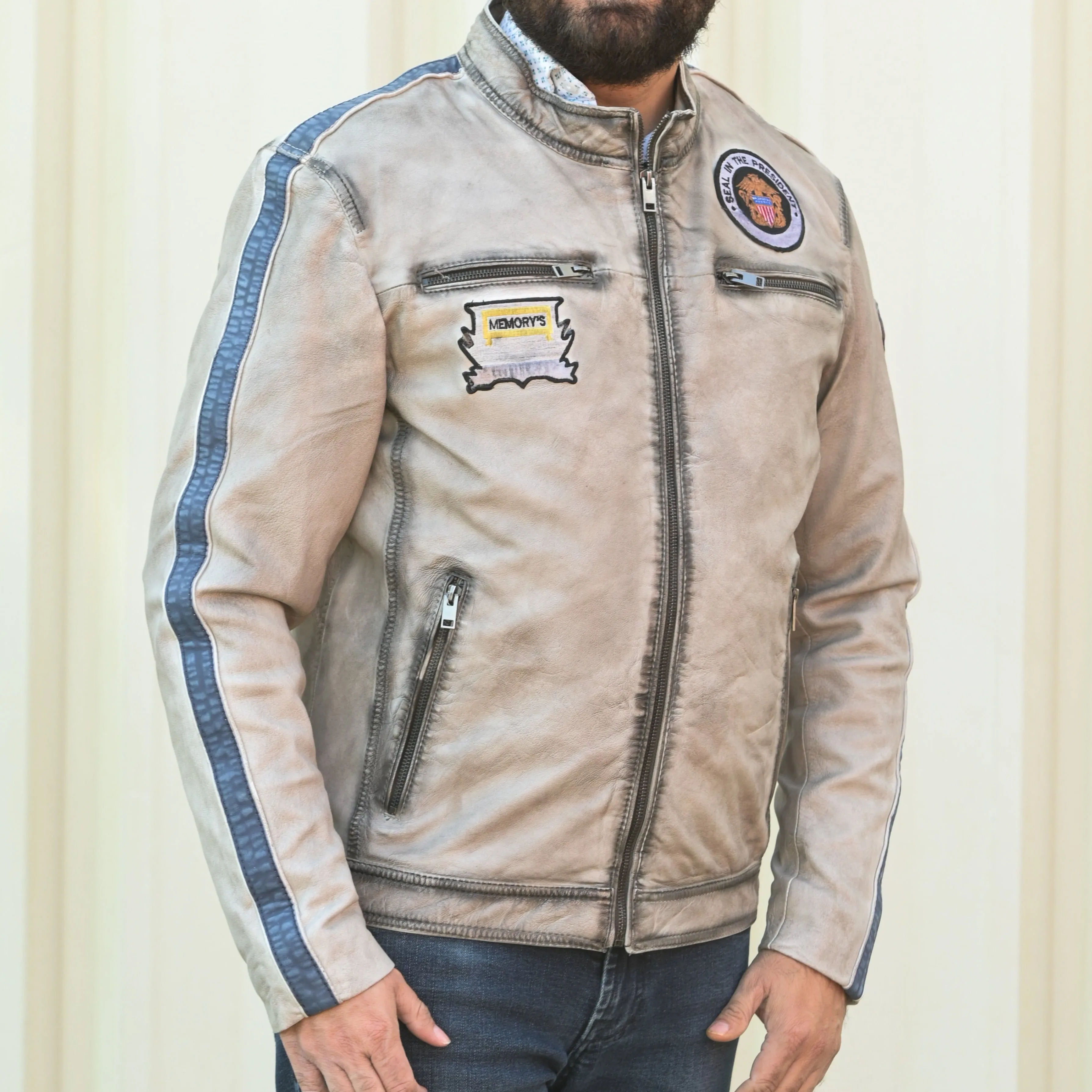 Men's Leather Jacket with Patches and Four Zip Pockets