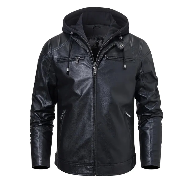 Men's Leather Moto Jacket with Removable Hood