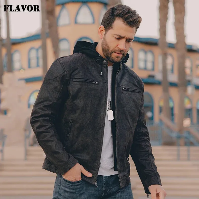 Men's Leather Moto Jacket with Removable Hood