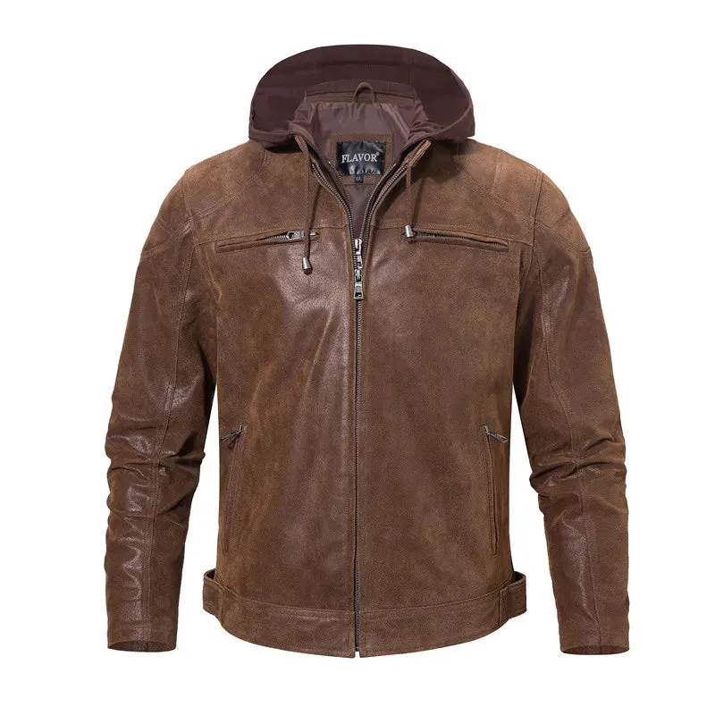 Men's Leather Moto Jacket with Removable Hood