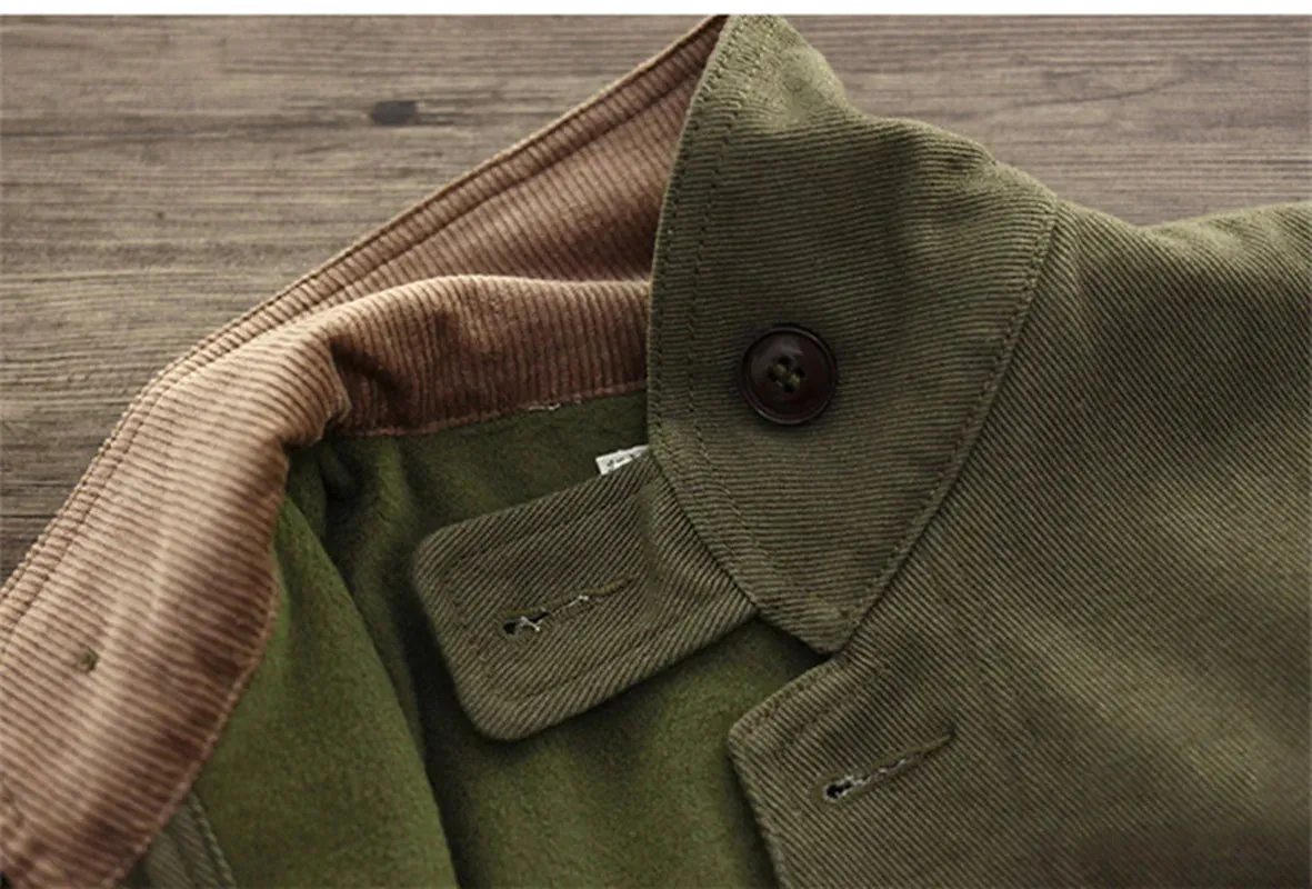 Men's Thick Velvet Green Fruit Collar Military Style Multi-pocket Jacket