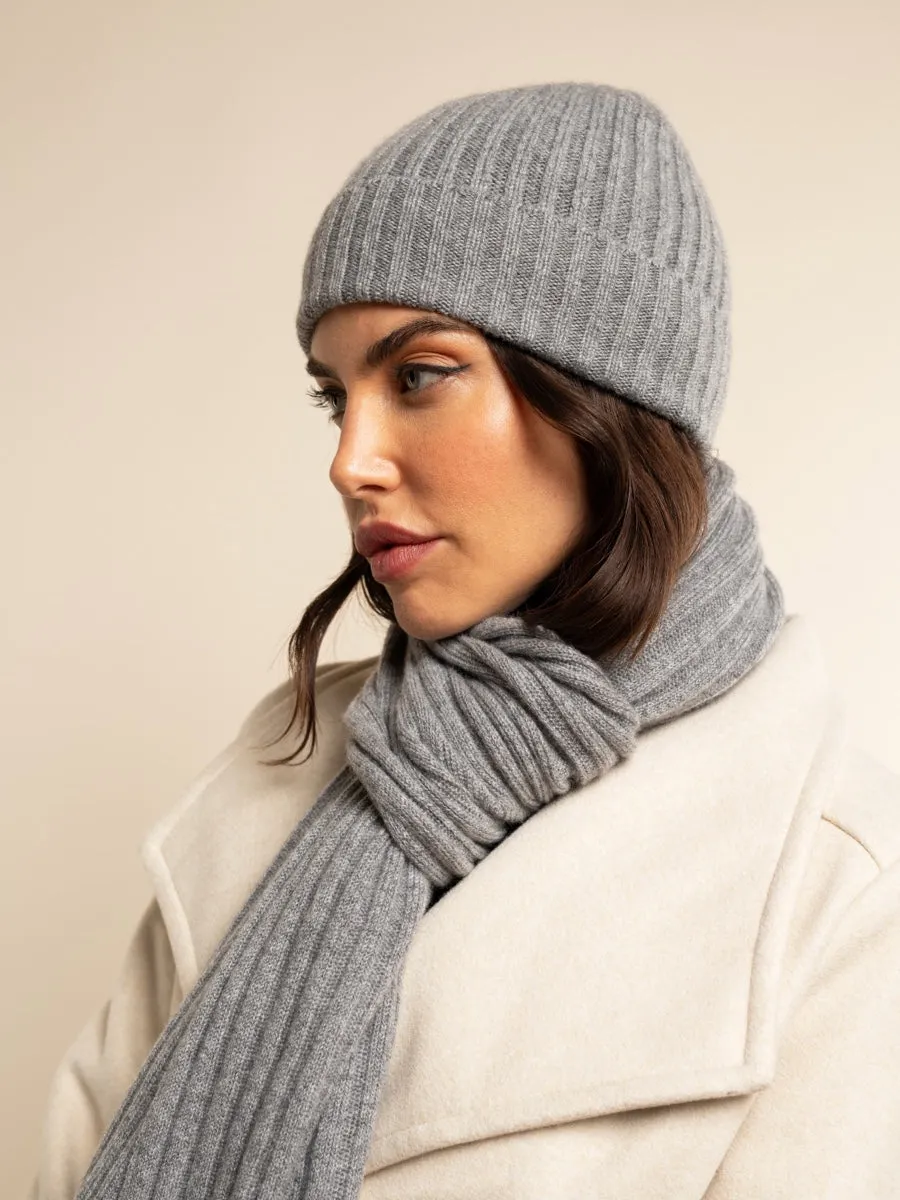 Milano (light grey) - 100% cashmere ribbed beanie (unisex)