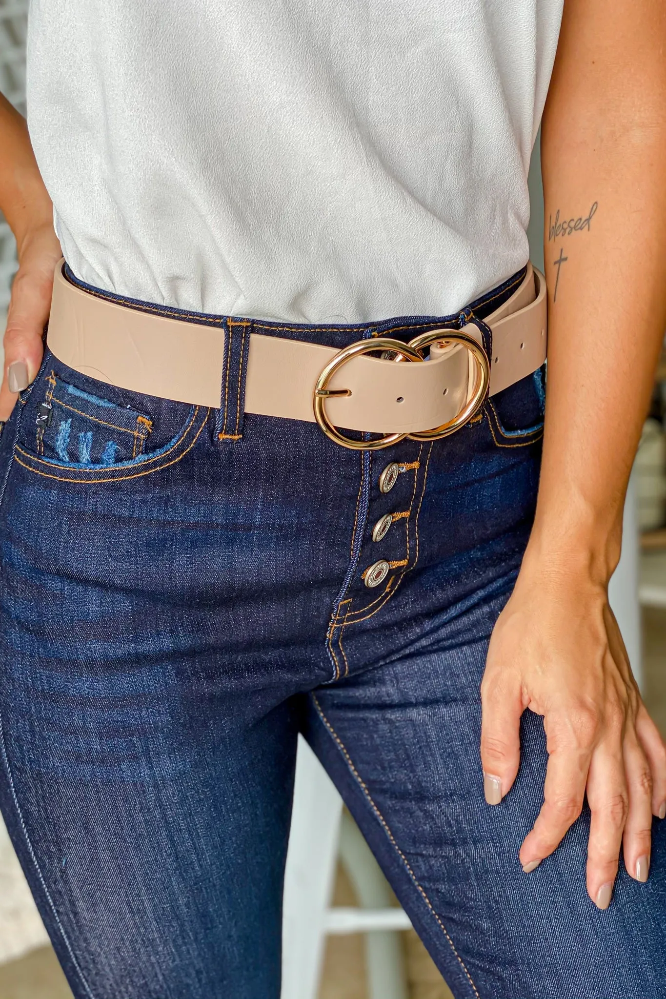 Nude Belt With Gold Buckle