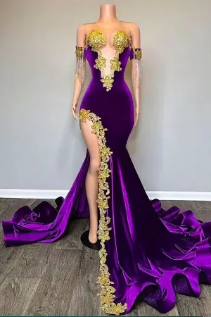 Off the shoulder Gold Appliques Mermaid Velvert Prom Dress with High Slit