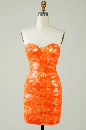 Orange Strapless Tight Homecoming Dress