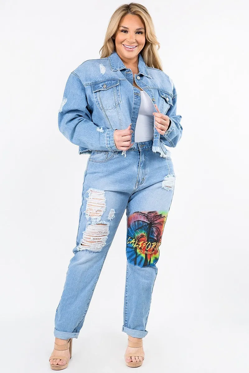 Plus-Size California Painting Slim Straight Jeans