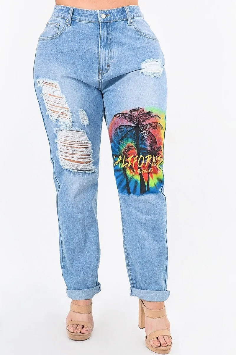 Plus-Size California Painting Slim Straight Jeans