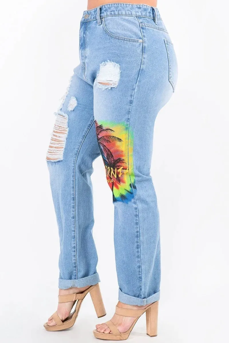 Plus-Size California Painting Slim Straight Jeans