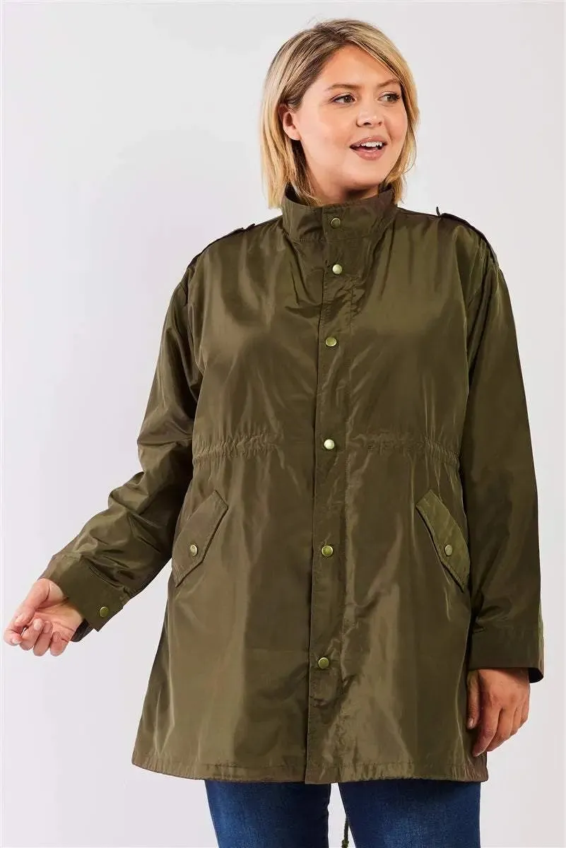 Plus Size Glossy Drawstring Hem Button-down Coach Jacket