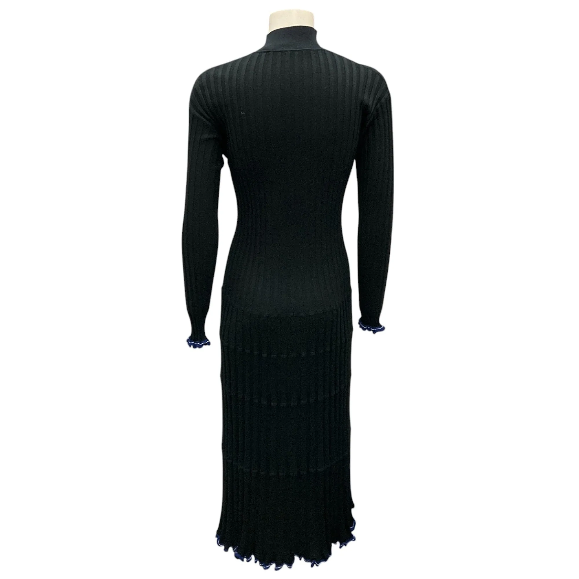 Proenza Schouler Black / Blue Pleated Ribbed Knit V-Neck Midi Dress