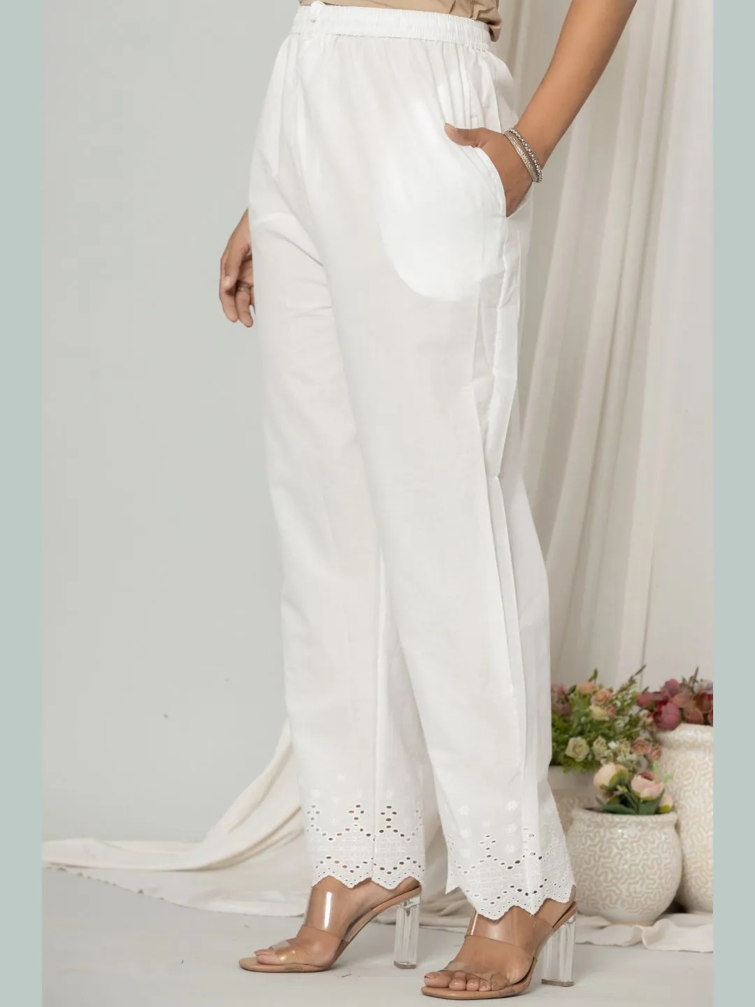 Pure Cotton Schiffli Embroidered Hem Pants - White