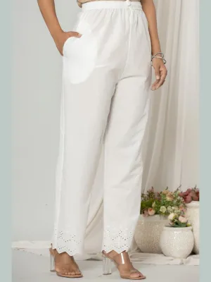 Pure Cotton Schiffli Embroidered Hem Pants - White