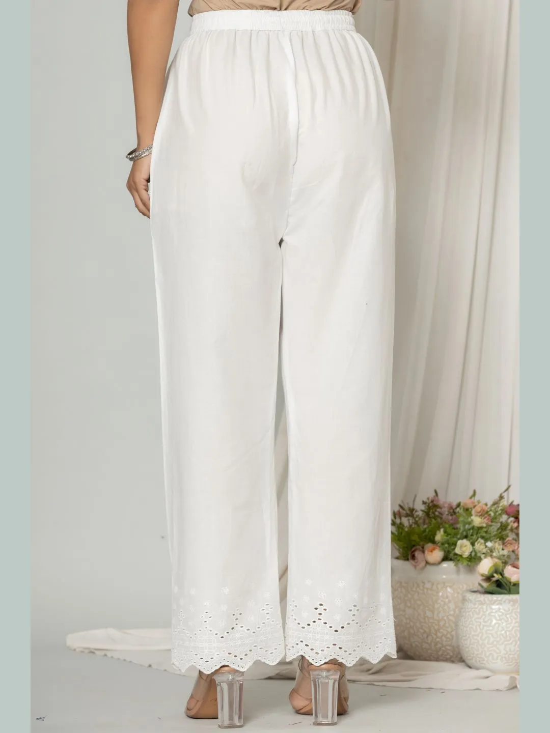 Pure Cotton Schiffli Embroidered Hem Pants - White