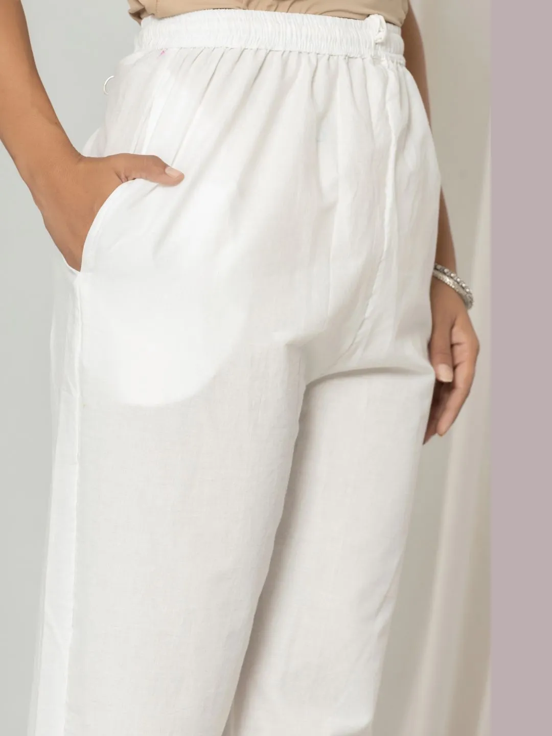 Pure Cotton Schiffli Embroidered Hem Pants - White