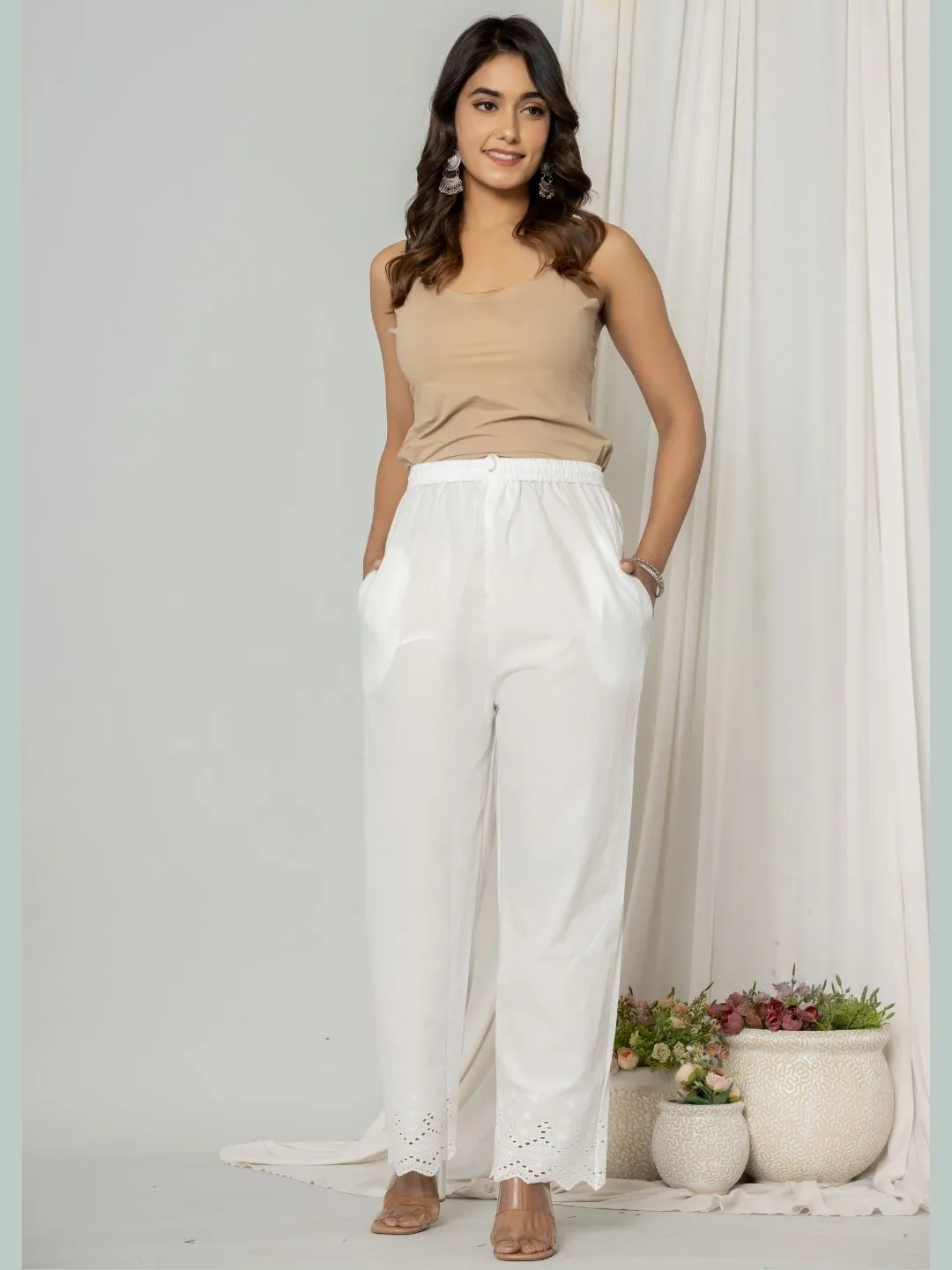 Pure Cotton Schiffli Embroidered Hem Pants - White