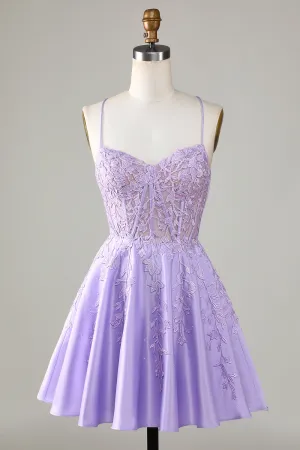 Purple Corset A-Line Satin Short Homecoming Dress with Lace