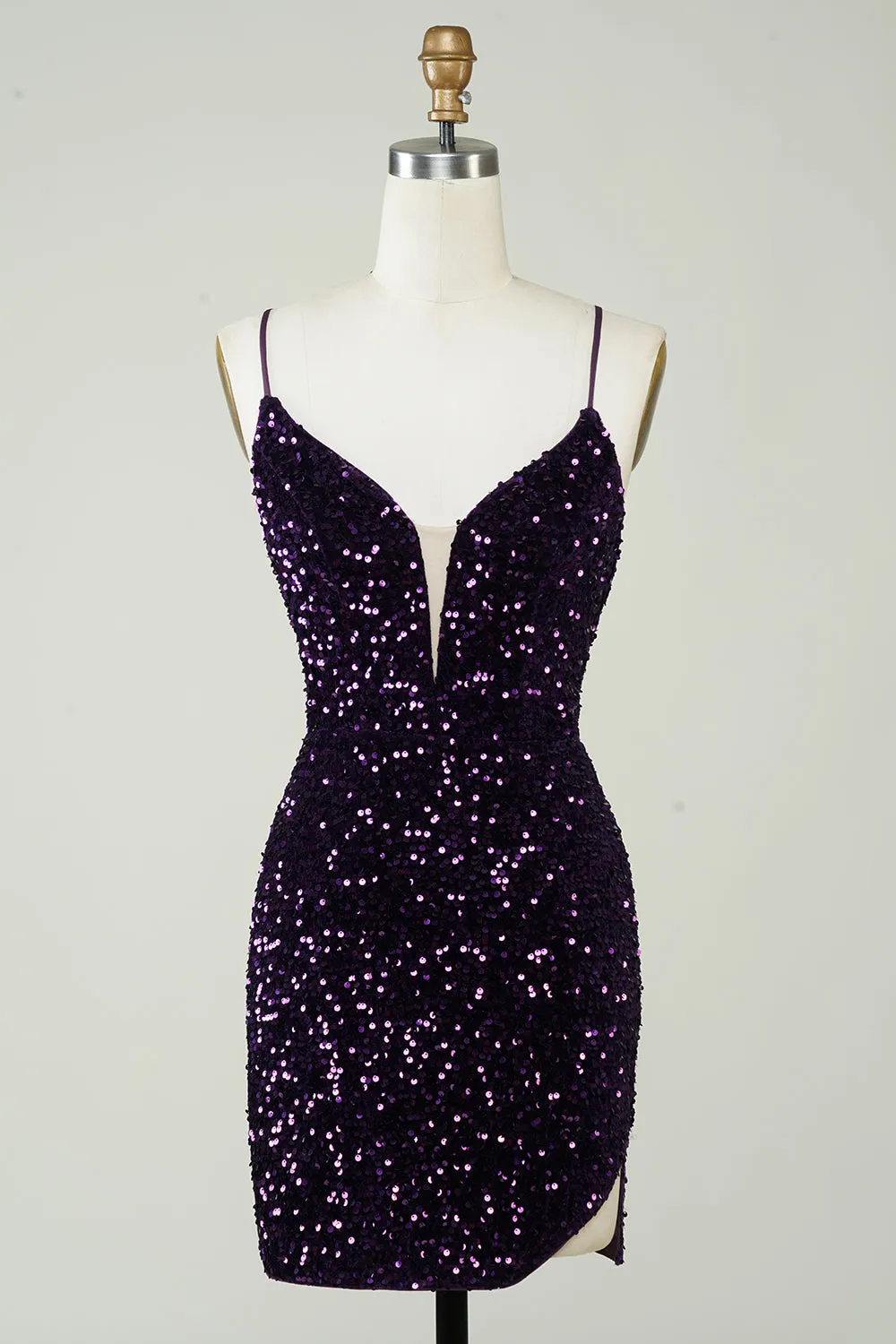 Purple Sparkly Sequin Backless Tight Short Homecoming Dress with Slit