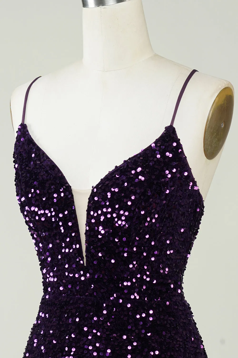 Purple Sparkly Sequin Backless Tight Short Homecoming Dress with Slit