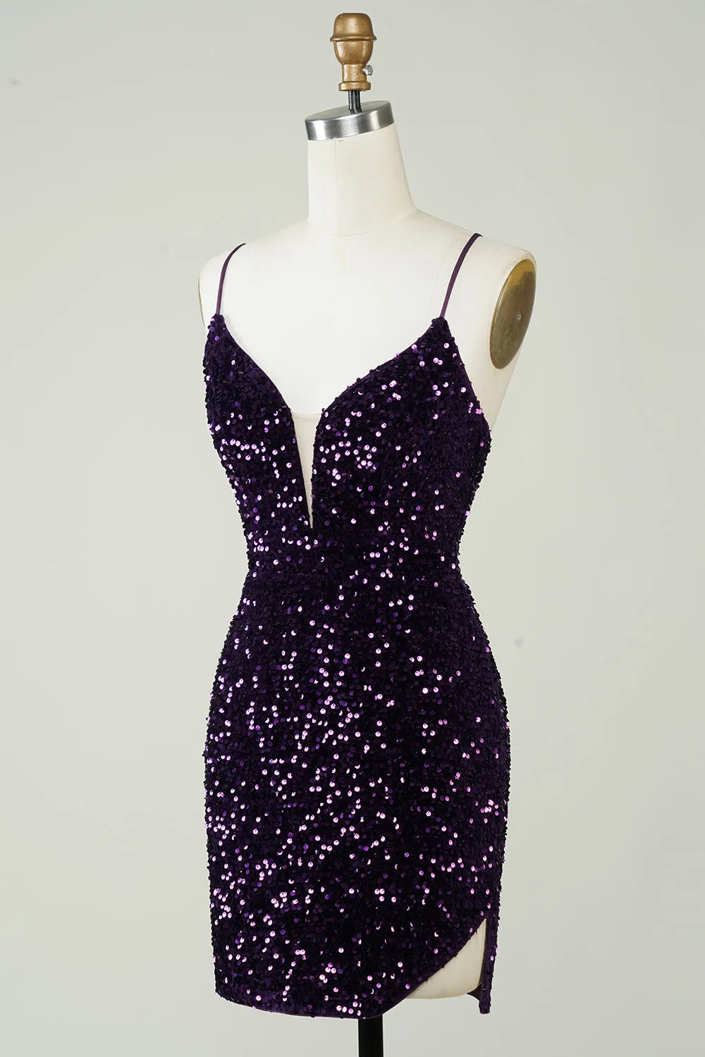 Purple Sparkly Sequin Backless Tight Short Homecoming Dress with Slit