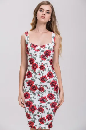 Rania Fawaz - Vintage Rose Print Pencil Midi Dress